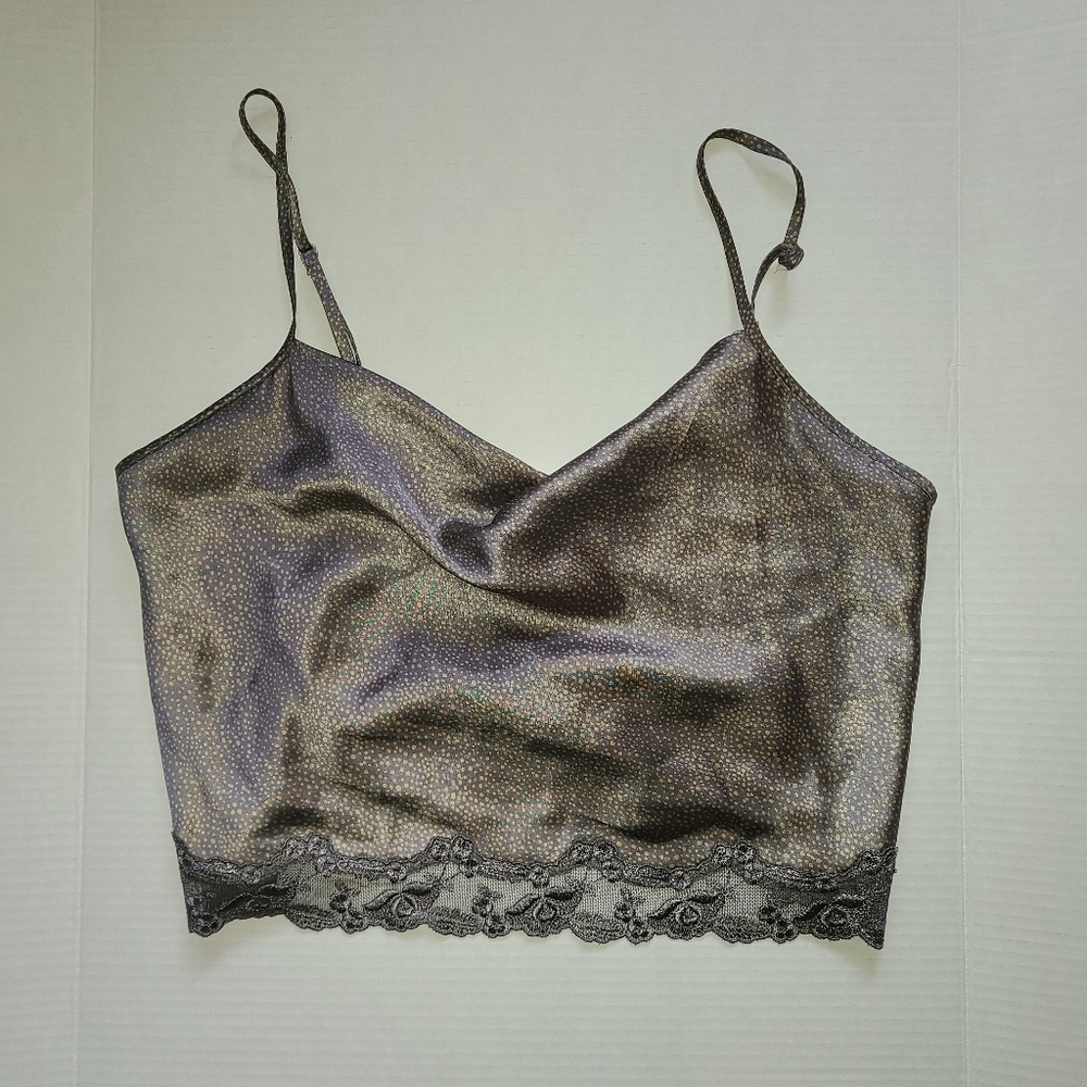 Victoria's Secret Lace Trim Cropped Cowl Neck Tank Size M Grey And Tan Dots